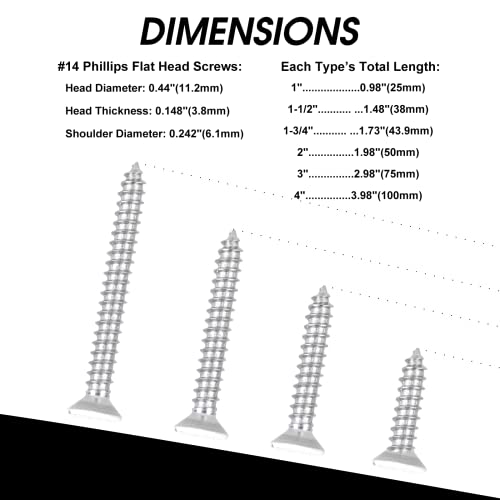 Image of White Head 100 PCS #14X1-1 /2(1.5 inch) Stainless Steel Phillips Flat Head Wood Screws,Stainless Steel 18-8 A2(304) Screw,Home Screw Kit by QISHENG