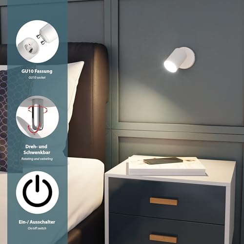 ledscom.de Wall spot WAIKA, Single-lamp, with Switch, GU10, White matt, incl. 630lm LED GU10 lamp, Warm-White - Image 3