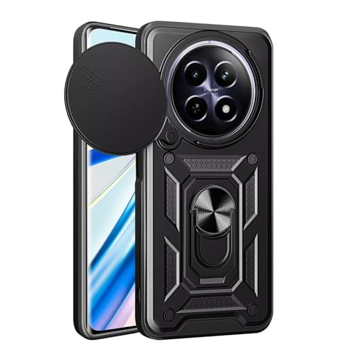 Image of Shockproof Back Case Cover for Realme 13 Plus 5G, Shockproof Realme 13 Plus Back Cover, Ring Case with Kickstand and Camera Protection Shutter - Black