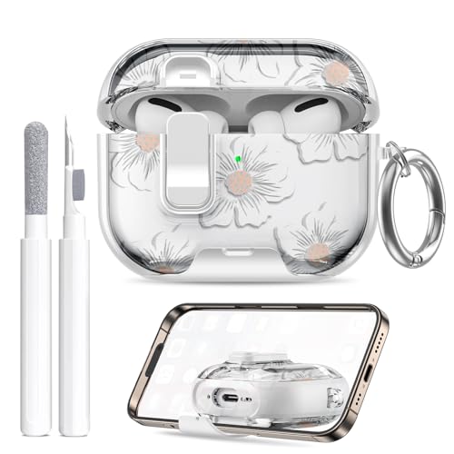 Image of Compatible Airpods Pro 3 Case (2025) with Phone Stand & Cleaner Kit,Cute Flower Print Soft Silicone Lock Clip Apple AirPods Pro 3rd Generation Case, Airpod Pro 3 Cover with Keychain for Women /Girls
