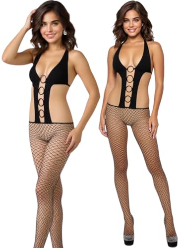Image of ToBeInStyle Women's Assorted Bodystocking Sheer Opaque or Fishnet Crotchless Lingerie Bodysuit