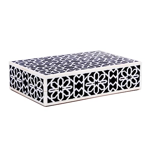 Handicrafts Home Small Decorative Storage Box with Lid, Black White Persian Tile Keepsake Box