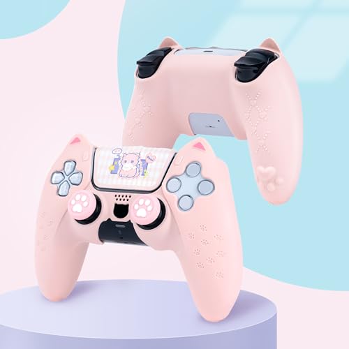 Image of GeekShare Cute Cat Paw Protective Skin Set for ps5 Controller, Anti-Slip Silicone Cover Case Compatible with ps5 Wireless Controller Includes 2 Thumb Grip Caps and 1 Sticker - Pink