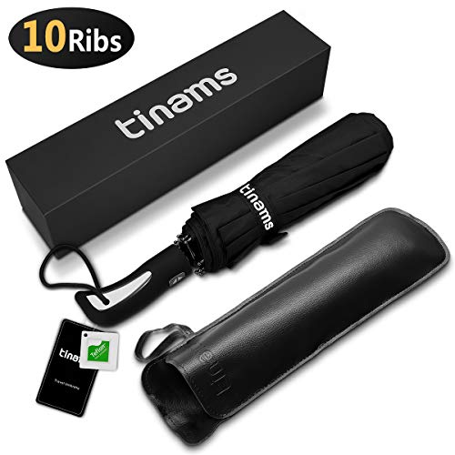 tinams Windproof Umbrella, Black Automatic Folding 10 Ribs Umbrella with Teflon Coating,Free Leather Cover (Black)