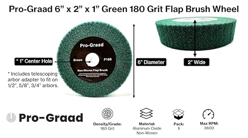 Image of 6 inch x 2 inch Green 180 Grit Non-Woven Bench Grinder Polishing Burnishing Satin Finishing Flap Brush Wheel for Aluminum Copper Metal Golf Club Refurbishing, Compatible for 1 /2 inch, 5 /8 inch, 3 /4 inch Arbor