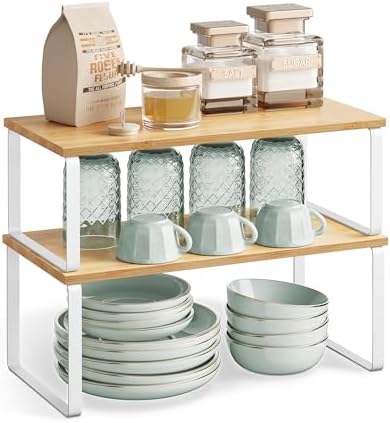 SONGMICS Spice Rack, Set of 2 Cupboard Shelf Organisers, Expandable Kitchen Shelf Organiser, Stackable Spice Holder, Metal and Engineered Wood, Cloud White and Natural Beige KCS200W01