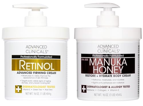 Image of Advanced Clinicals Unscented Retinol Body Lotion & Face Moisturizer + Manuka Honey Body Cream For Women & Men | 2PC Skincare Set Helps Reduce Appearance Of Crepey Skin + Extremely Dry Skin, 2pc Set