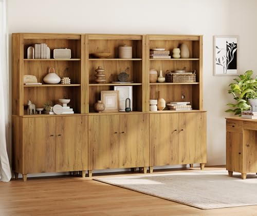 Image of WAMPAT 71 inch Tall Bookcase with Doors & Storage Cabinet, 3 Column Modern 5-Tier Bookshelf with Adjustable Shelf, 106 inch Wide Wooden Display Book Shelf for Home Office, Living Room, Bedroom, Oak Brown