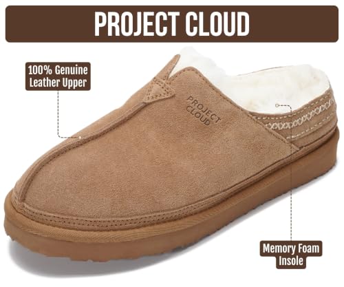 Image of Project Cloud Mens Slippers Genuine Leather Australian Shearling Slippers | Memory Foam Insole Non Slip Fuzzy Shoes Indoor Outdoor Warm Cozy Footwear Everyday Comfort Soft Lining Cushioned Sole Easy On