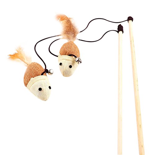 Drawihi Wooden Rod Mouse Cat Teaser Toy with Bell and Feather Artificial Interactive Toy for Pet Cat Pack of 2