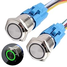 2PCS 16MM Latching Push Button Switch 12V-24V 1NO 1NC Waterproof IP66 Self-Locking On/Off Metal Button for 5/8 Mounting Hole with Wire Socket Plug Halo Ring Green Led