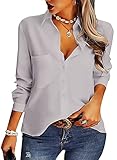 AISEW Womens Casual Button Down Shirts V Neck Chiffon Long Sleeve Collared Office Work Blouses Tops with Pocket (Gray, Small)