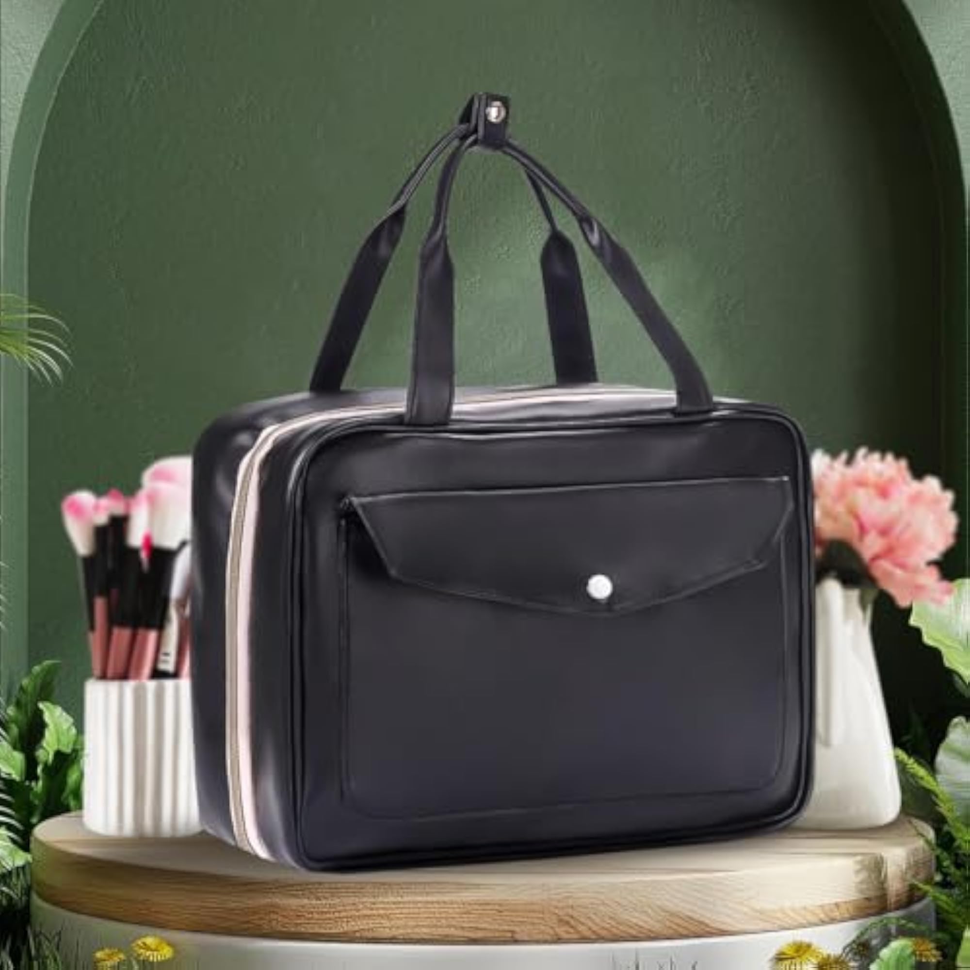 Waterproof PU Leather Toiletry Kit Bag with Hanging Hook