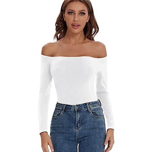 Joyshaper Off Shoulder Bodysuit For Women Fashion Long Sleeve Bodysuits Tops Bodycon Jumpsuit Leotards Sexy Rompers (White-1, Medium) #TOP1