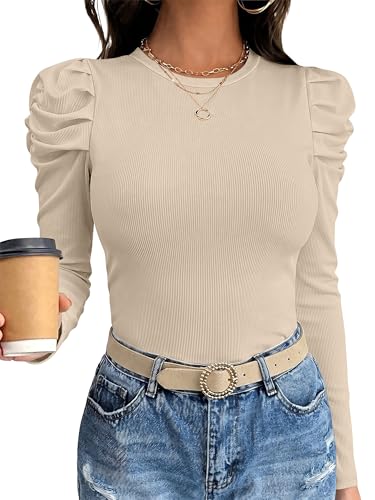 ANRABESS Womens Puff Long Sleeve Shirts Fall Trendy Tops Beige Medium