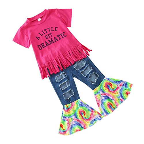 BILIKEYU Little Girls Summer Clothes Short Sleeve Tassels T Shirts and Elastic Waist Flare Leg Ripped3
