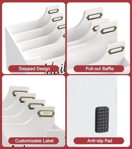 KISENG Mail Organizer Countertop, Desktop Mail Basket with 4 Slots, Wooden Mail Paper Holder, File Holders for Document Envelopes and Bills, Large Mail Holder and Classroom Mailbox for Office Home