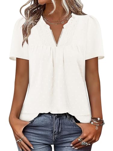 BETTE BOUTIK Women's Shirts Boho Summer Short Sleeve Dressy Casual Blouses Flowy Western Cute Chiffon Bohemian Tops Trendy V Neck Petite Babydoll Chic Tunics Baymax S