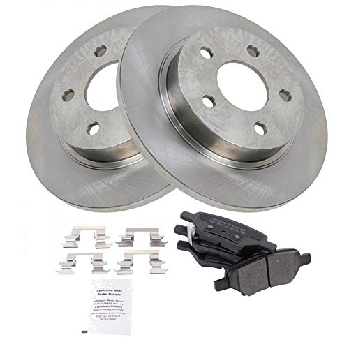 Image of TRQ Rear Brake Pad and Rotor Set Semi Metallic Solid Rotors | For 2008-2012 Chevrolet Malibu 2005-2010 Cobalt Pontiac G6 2004-2007 Saturn Ion 2007-2009 G5 2007-2009 Aura 2008-2010 HHR