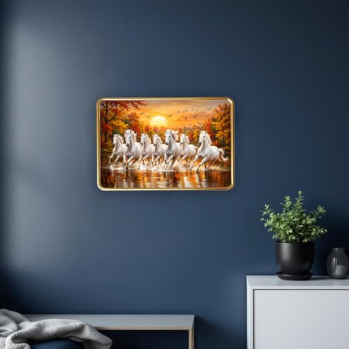 Image of Vastu 7 Seven Running Horse Photo Frame, Golden Slim Frame, Sparkle Coated Lamination, 30x45 cm (Design 8)