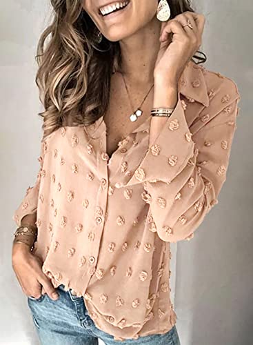 Astylish Womens Soft Cuffed Sleeve Pompom Collar Shirts Long Plus Size Button Down Blouse Tops Khaki Small #TOP3