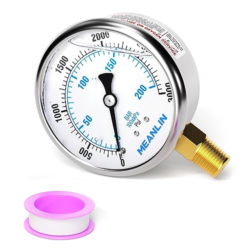 MEANLIN MEASURE 0~3000Psi Liquid Filled Pressure Gauge 1/4" NPT 2.5" FACE DIAL Stainless Steel Glycerin Filled WOG Water Oil Air Lower Mount