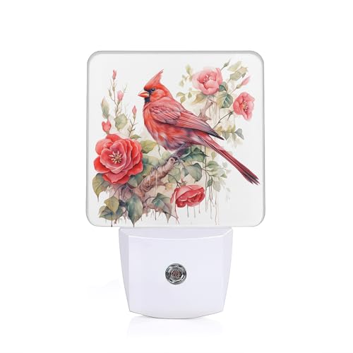 Image of Red Cardinal Birds Cherry Flowers Dusk to Dawn Night Light, Auto Sensor Lamp Home Indoor Stairway Kitchen Corridor, Night Lights Plug into Wall Decor, Boys Girls Women Men Room Gifts