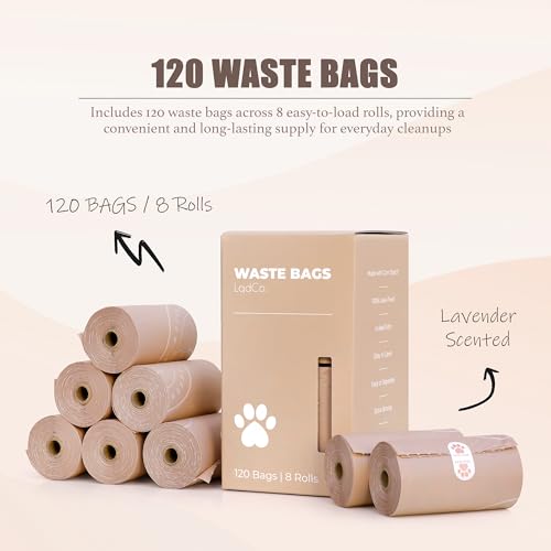 Image of Bio-Based Dog Poop Bags, Silky Soft & Leak-Proof, Lavender-Scented, Made from Cornstarch - 8 Rolls, 120 Bags