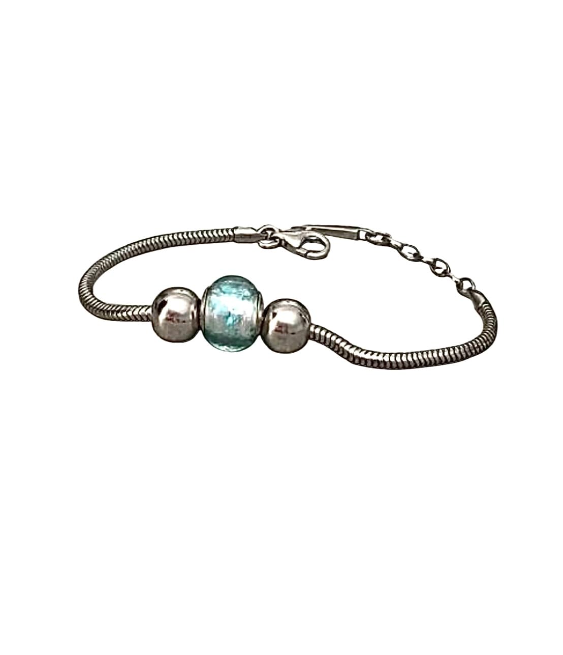 Bracciale Charm Perla Blu Chiaro Vetro di Murano & Palline Argento 925/000 Rodiato, 18 cm, Perla