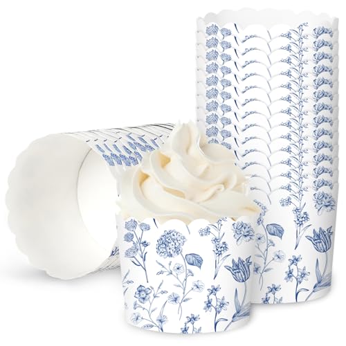 JarThenaAMCS 100Pcs Blue Floral Paper Baking Cups Blue White Wildflower Cupcake Wrappers Scalloped Edge Cupcake Muffin Cases for Party Supplies