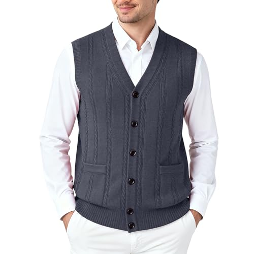 Vhersily Chaleco De Hombre Sin Mangas De Trabajo Cárdigan De Un Solo Pecho Con Cuello En V De Punto Slim Fit Suéter Delgado Deportivo Cómodo A Prueba De Viento Suave Cómodo Para Ocio, gris oscuro, L