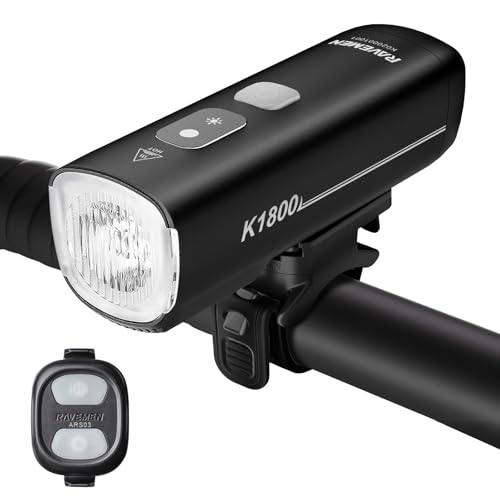 RAVEMEN 1800 Lúmenes Inteligente Faros Delanteros para Bicicleta, K1800 Modo de Conducción Inteligente Diurno y Nocturno Que Ajusta Automáticamente el Brillo, Carga y Descarga USB-C