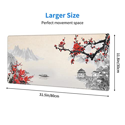 Japanese Cherry Blossom Gaming Mouse Pad, Extended Large Mouse Mat Desk Pad, Stitched Edges Mousepad, 3Mm Thick Long Non-Slip Rubber Base Mice Pad, 31.5 X 11.8 Inch #TOP2