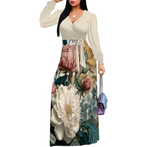 Image of Women's Plus Size Maxi Dresses Long Sleeves V Neck Floral Print Bohemian Swing Long Dress with Belt