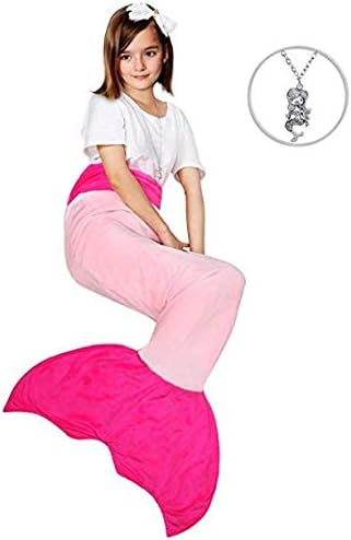 Maidream Mermaid Tail Blanket Upgraded Double-Layered Soft Cozy Fleece Warm Sleeping Bag with Necklace Gift for Kids Girls and Teens(Ages 3-12) (Light Pink/Rose Red)