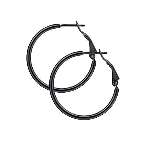 FOCALOOK Black Hoop Earrings for Women 30mm Paddle Back Small Thin Stainless Steel Huggie Hoop Earrings FOCALOOK Black Hoop Earrings for Women 30mm Paddle Back Small Thin Stainless Steel Huggie Hoop Earrings