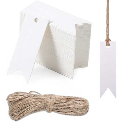 PLABBDPL Etichette Regalo,100 Pezzi Etichette in Carta Kraft,7x2cm Tag Regalo Mini Etichettes con 20 m Spago per Matrimoni,Compleanni e Natale (Bianco)