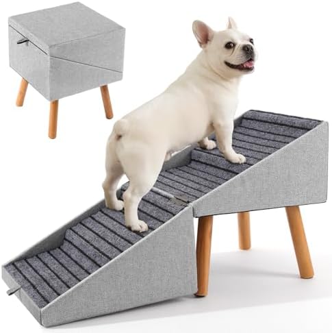 Hunde Treppe für kleine Hunde und Katzen für Couch und Bett, Klappbare 2-in-1 Holz Haustier Schritte für Welpen, Split Ottoman Design (Hellgrau-43,5 cm hoch)