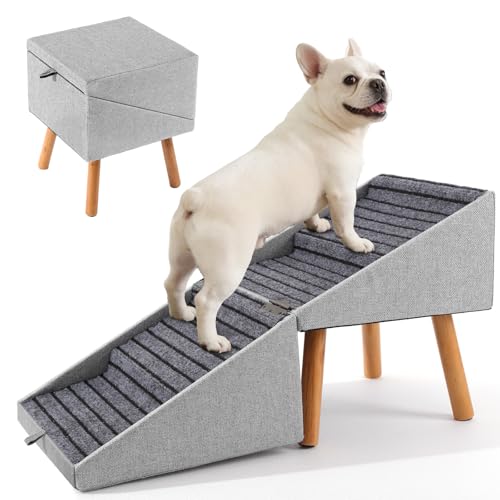 Hunde Treppe für kleine Hunde und Katzen für Couch und Bett, Klappbare 2-in-1 Holz Haustier Schritte für Welpen, Split Ottoman Design (Hellgrau-43,5 cm hoch)