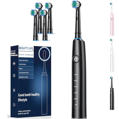 Smile Therapy Oscillating 5-in-1 Electric Toothbrush, Ultra-Soft Nylon Bristles, Safe & Gentle Cleaning for Sensitive Teeth (Black)