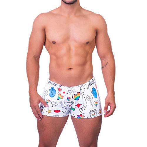 Pali Sexy Mens Gay LGBT Pride Premium Quality Print Swimsuit Swim Brief Trunks Bathing Suit (White, Medium)
