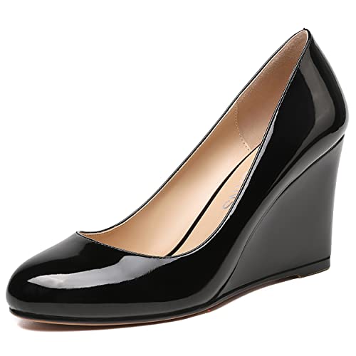 WAYDERNS Women's Slip On Fashion Round Toe Office Patent Wedge High Heel Pumps Shoes 3.3 Inch