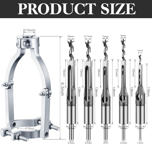 Gisafai Square Hole Drill Bit Adapter and Square Hole Drill Bit Set for Wood Mortising Attachment Drill Press Hollow Chisel Mortise Drill Tool for Mortise Machine (6 Pcs,1/4, 5/16, 7/16, 1/2, 5/8