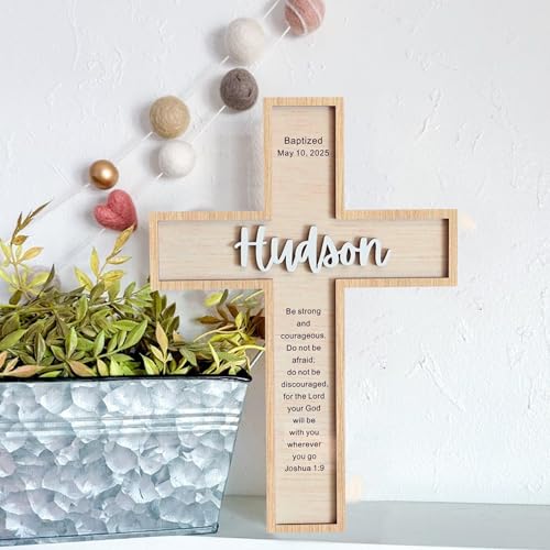 Image of Godashop Personalized Baptism Cross Wood Sign, Wooden Sign Baptism Gifts For Baby, Christening Gifts Crosses for children, Baptized Cross Sign, Dedication Gift - A7