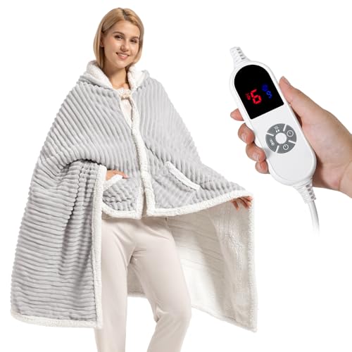 Electric Blanket Heated Throw Soft Flannel & Sherpa Wearable Heated Blanket Hoodie Heated Shawl Wraps for Gift with 6 Heating Levels & 12H Auto Off ETL Certified Home Office 40x70 Inch Light Grey