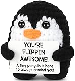 Positive Crochet Penguin, Funny Inspirational Christmas Birthday Gifts for Women Men Teen Grandkids Friend Coworker Appreciation, White Elephant Small Xmas Stocking Stuffers Emotional Cute Decor