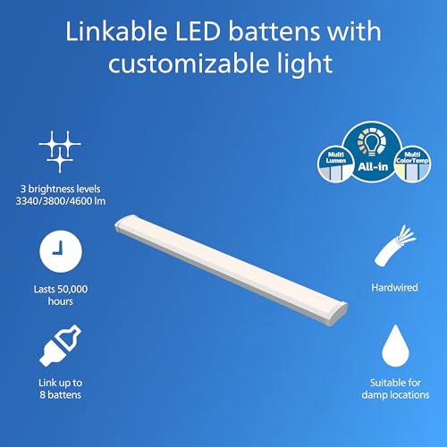 Image of Philips LED 2-Pack 4FT High Brightness Utility Garage Shop Linkable Wrap Around Fixture, Hardwired, 3340 /3800 /4600lm, CCT 3500 /4000 /5000K, 50,000 Hours, Damp Rated, 120-277V - Basement Ceiling