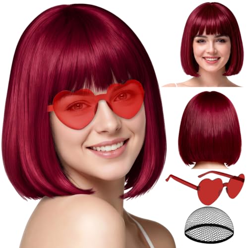 Image of PLULON Burgundy Short Bob Wig with Bangs for Women, Colorful Neon Short Bob Synthetic Hair Wigs with Hair Cap Heart Sunglasses for Adults Girls Daily Bachelorette Halloween Costume Party Supplies