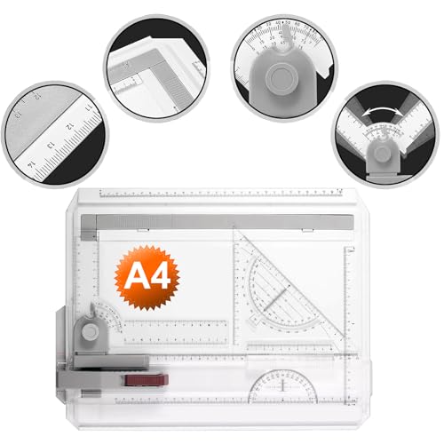 Kasadin Zeichenbrett DIN A4 Professioneller Zeichenplatte Geo-Board mit Schiebelineal Zeichendreieck Maßstab T-Quadrat Winkel Einstellbar für das Office Arbeiten Ingenieure Designer Studenten Studium