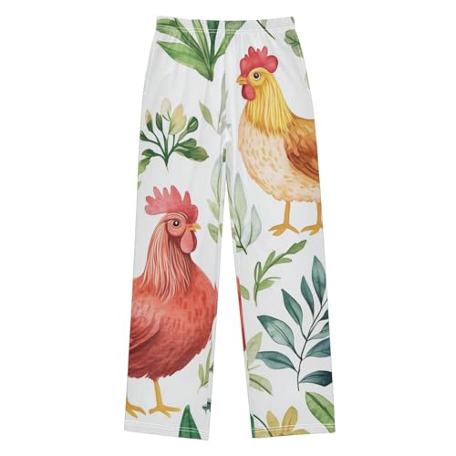 Watercolor Rooster Floral Boys Long Pants Soft Trousers Elastic Waist Kids Lounge Bottoms with Pockets S-XL